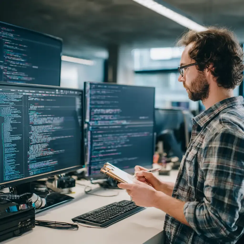 A software developer working with complex code on multiple monitors, representing the advanced cryptography and engineering behind the Legitam authenticity platform